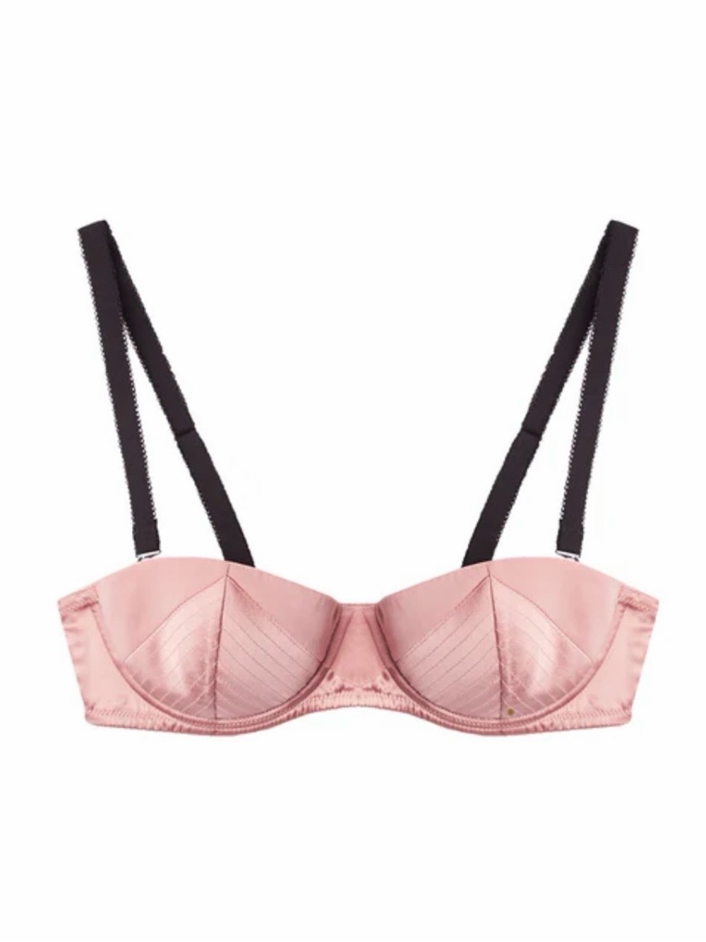 Fleur du Mal Pink Topstitch Balconette Bra Black Straps Old Hollywood vintage